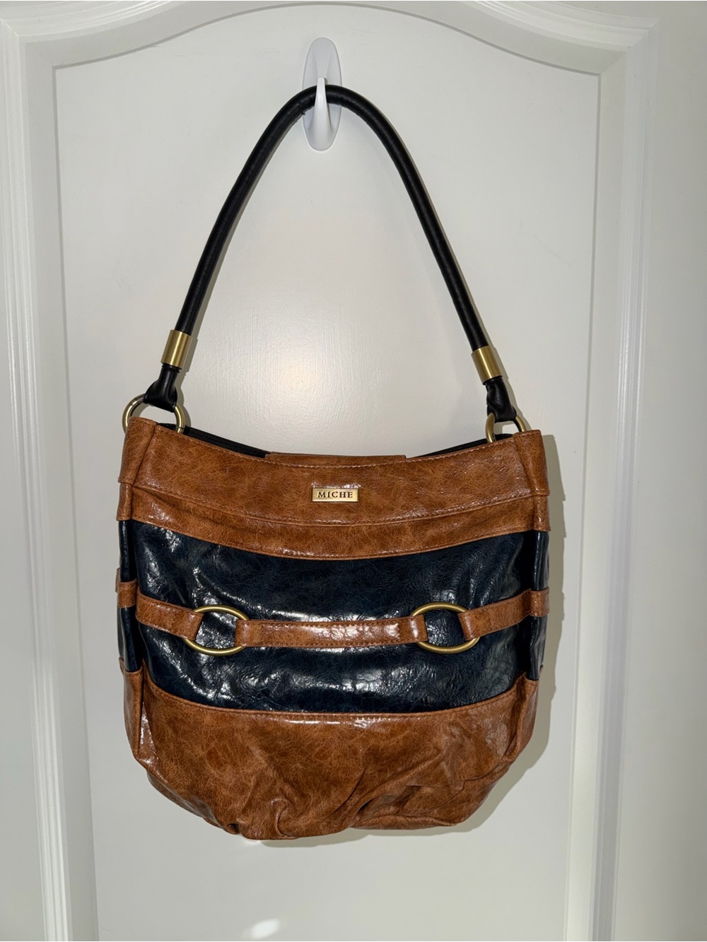 Miche Colorblock Hobo Shoulder Bag Brown Black Faux Leather Slouchy Purse Boho